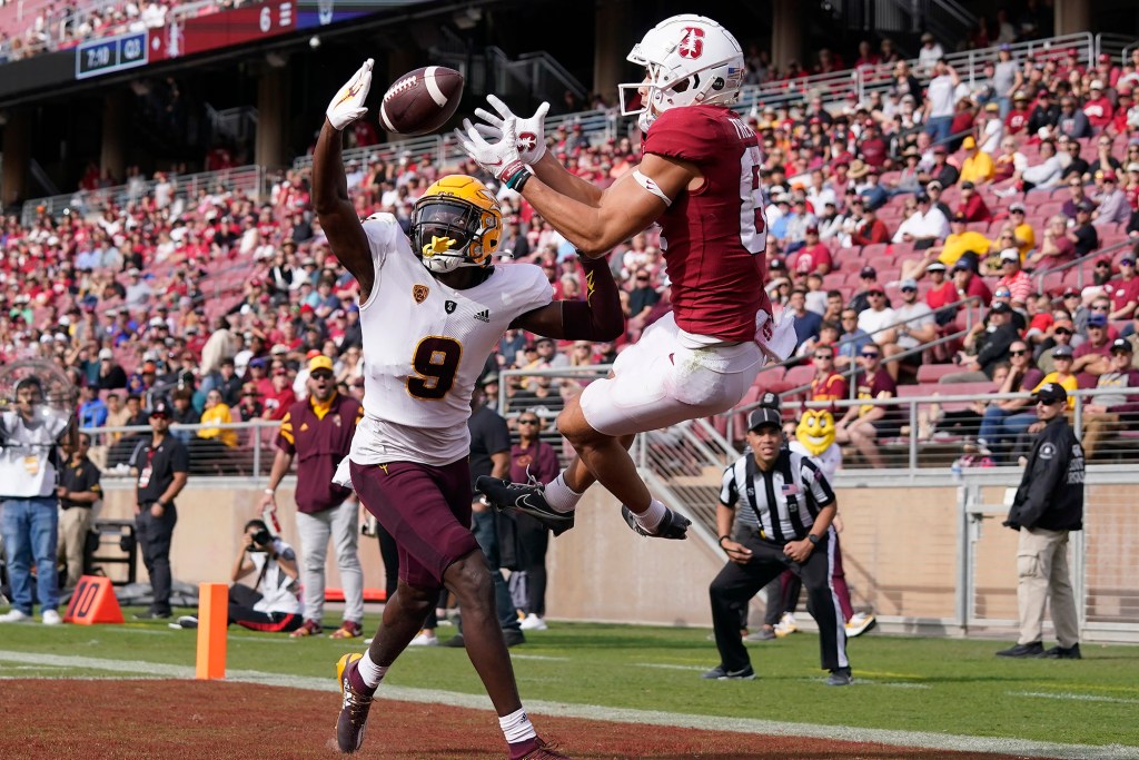Arizona State defensive back Ro Torrence (9) defends against a pass intended for Stanford wide receiver Brycen Tremayne during an NCAA college football game in Stanford, Calif., Saturday, Oct. 22, 2022.