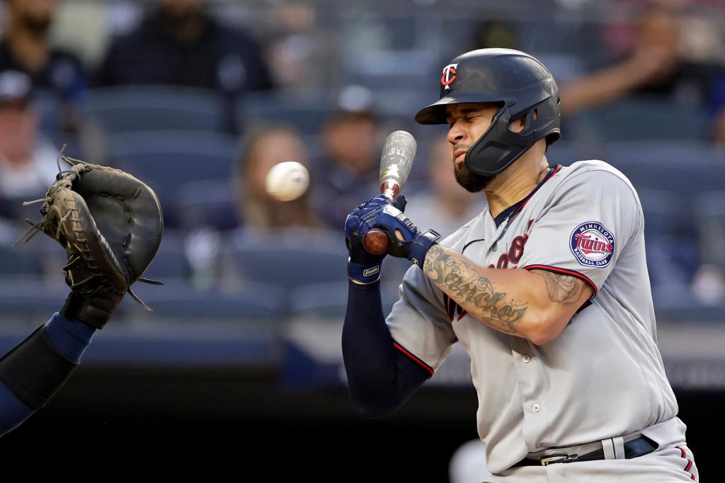 Gary Sanchez of the Minnesota Twins reacts to an inside pitch during a game against the New York Yankees on Wednesday, Sept. 7, 2022.