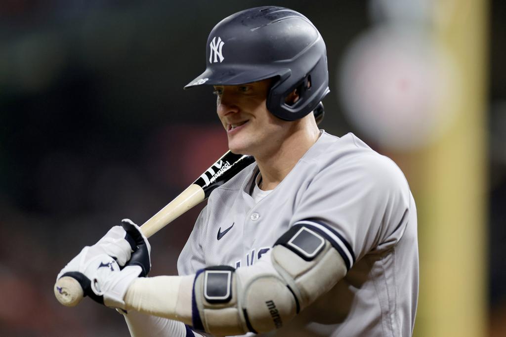 Josh Donaldson #28 of the New York Yankees reacts after striking out during the sixth inning against the Houston Astros in game one of the American League Championship Series.