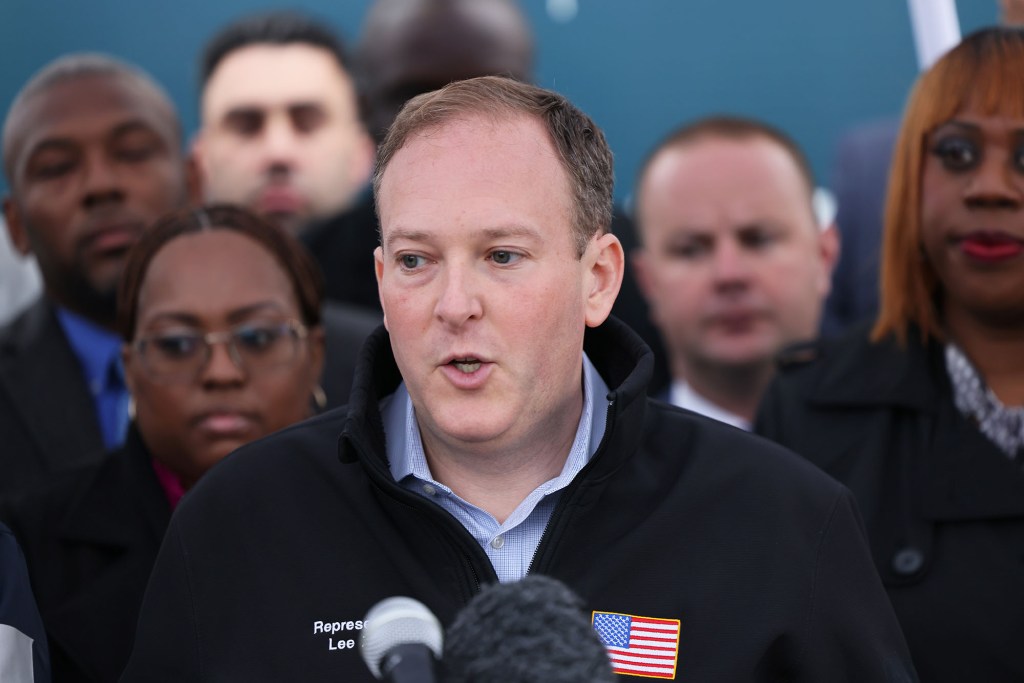 Lee Zeldin at an outside press conference. 