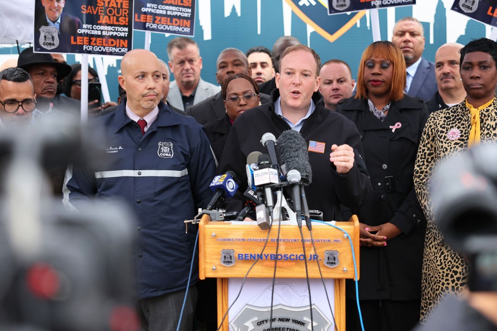 Lee Zeldin speaking during a press conference at the entrance to the Rikers Island prison.