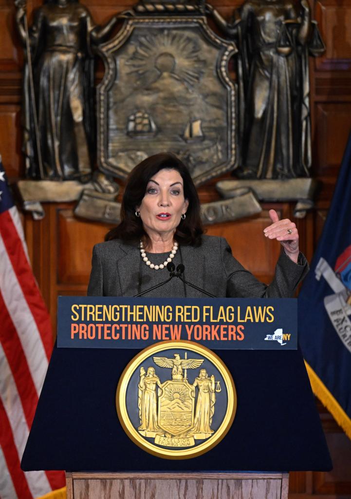 A picture of NY Gov. Hochul making a gun safety announcement in the Red Room.