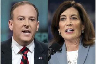 This combination of photos shows New York Republican gubernatorial candidate Rep. Lee Zeldin, R-N.Y., on Oct. 25, 2022, in New York, left, and New York Gov. Kathy Hochul on Oct. 27, 2022, in Syracuse, N.Y., right.