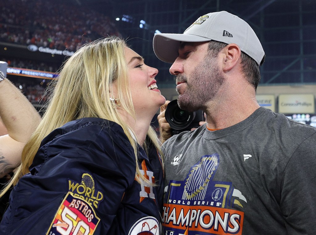 Justin Verlander celebrates with his wife Kate Upton after the Astros' World Series-clinching win.