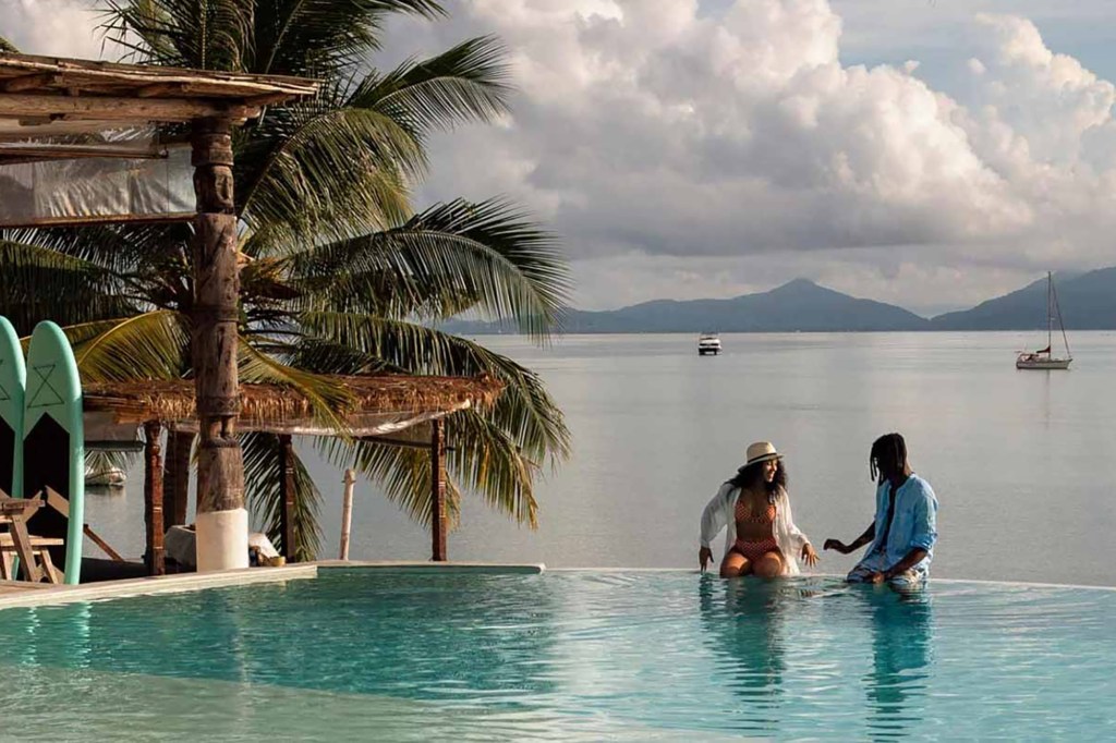 A couple at a resort in a pool