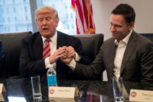 Donald Trump shakes the hand of Peter Thiel in 2016.