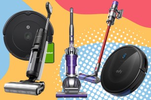 A variety of vacuums on a multicolored background.