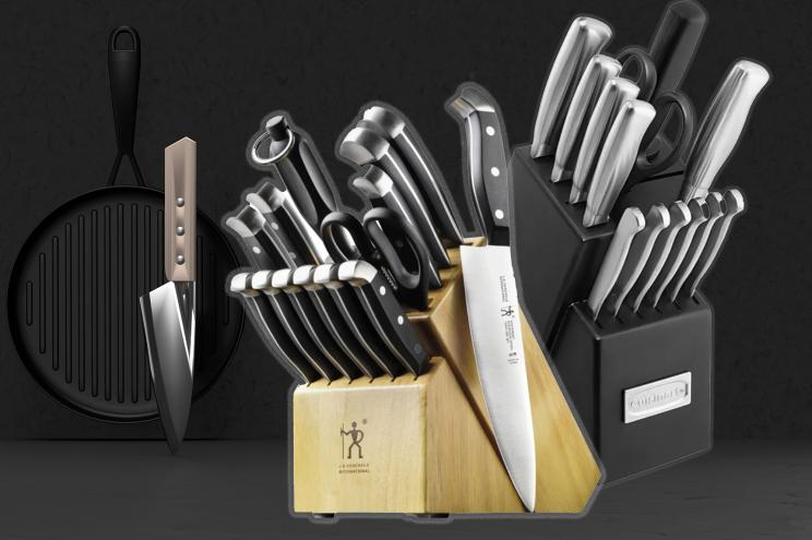 Two sets of knives on a black background