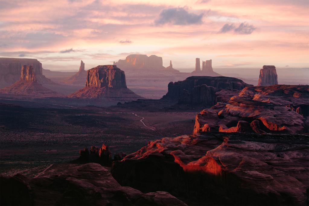 A panorama of the Monument Valley from a remote point of view, known as The Hunt's Mesa at the Utah - Ariziona border