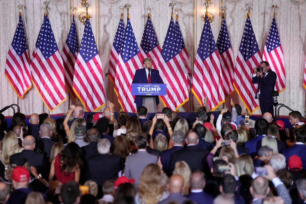 Former President Trump announcing his 2024 presidential campaign during an event at Mar-a-Lago in Palm Beach on November 15, 2022.