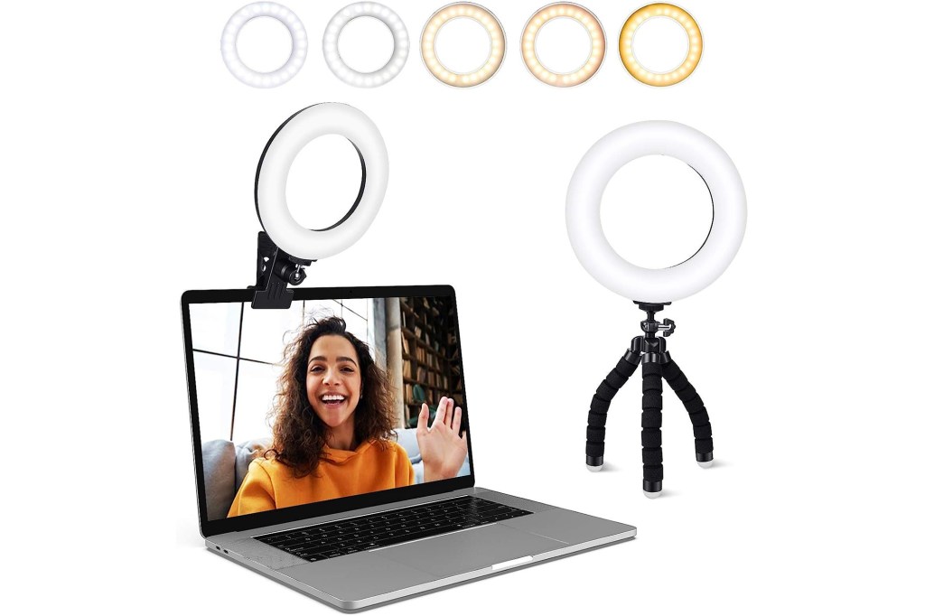 Laptop with LED video ring light clip-on and stand