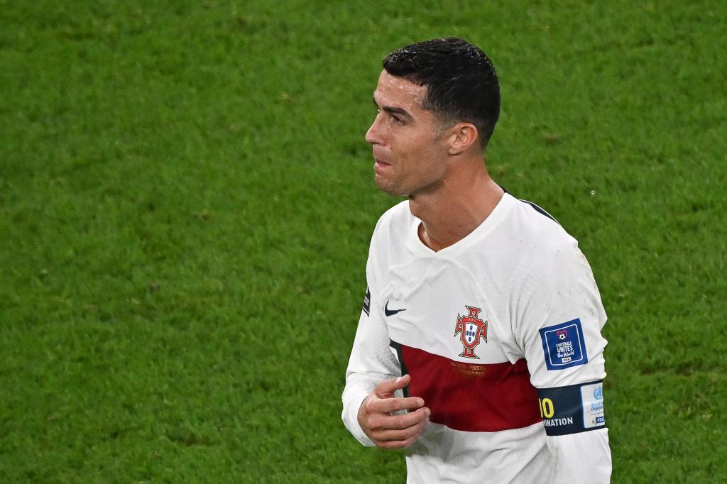 Cristiano Ronaldo reacts after Portugal's loss to Morocco.