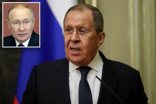 Russian Foreign Minister Sergey Lavrov (center) darkly warned the US of "consequences" should it attempt to assassinate President Vladimir Putin (top left) at the Kremlin.