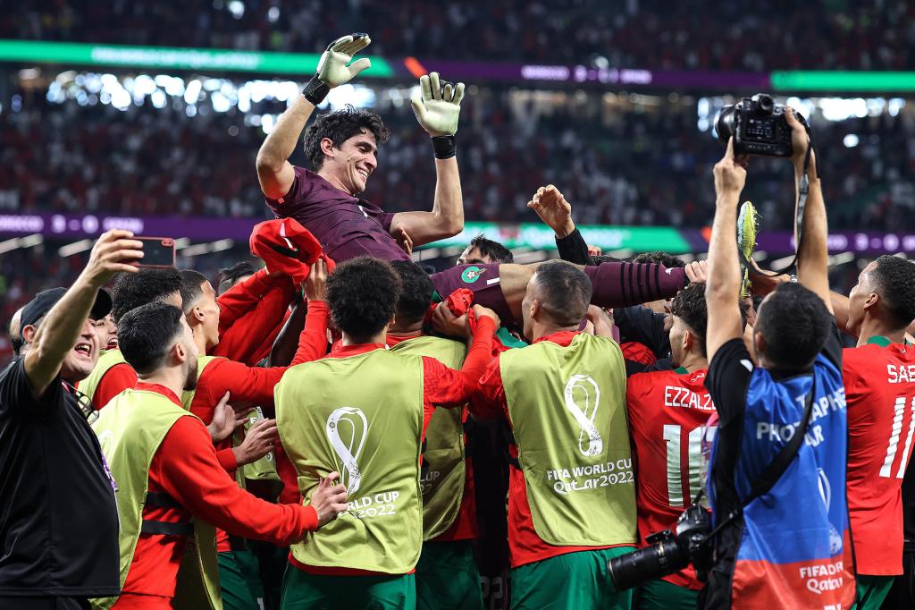 Morocco celebrates its win over Spain on Dec. 6, 2022.