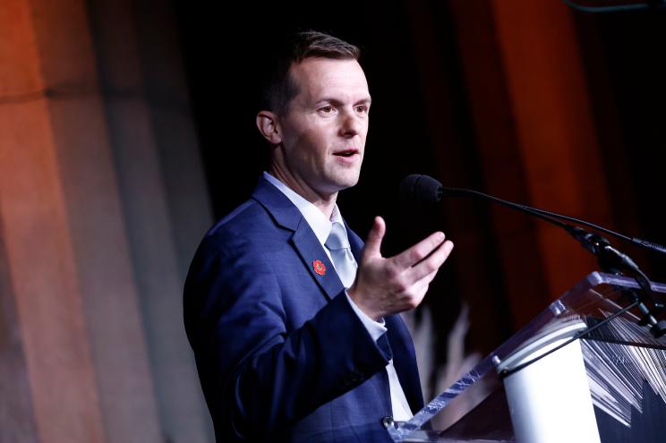 WASHINGTON, DC - NOVEMBER 03: Congressman, U.S. Marine Corps veteran and Moral Courage Award recipient Jared Golden speaks on stage during Headstrong Washington DC Gala at Andrew W. Mellon Auditorium on November 03, 2021 in Washington, DC. (Photo by Paul Morigi/Getty Images for Headstrong )