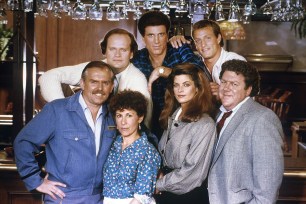 Kelsey Grammer as Dr. Frasier Crane, Ted Danson as Sam Malone, Woody Harrelson as Woody Boyd, (bottom) John Ratzenberger as Cliff Clavin, Rhea Perlman as Carla Lozupone Tortelli LeBec, Kirstie Alley as Rebecca Howe, George Wendt as Norm Peterson in "Cheers."