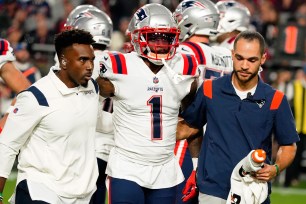 New England Patriots wide receiver DeVante Parker (1) is carried off the field