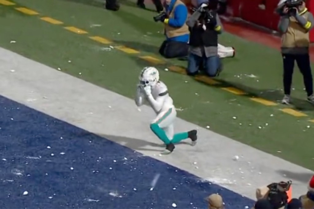 Fans chucked snow balls in the end zone during the Bills-Dolphins game on Saturday, Dec. 17, 2022.