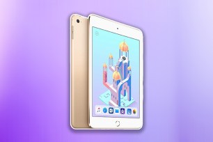 Gold iPad on a lilac background.