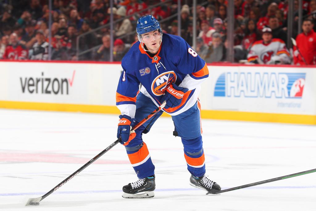 Noah Dobson #8 of the New York Islanders skates in the second period of the game against the New Jersey Devils on December 09, 2022 at the Prudential Center in Newark, New Jersey.