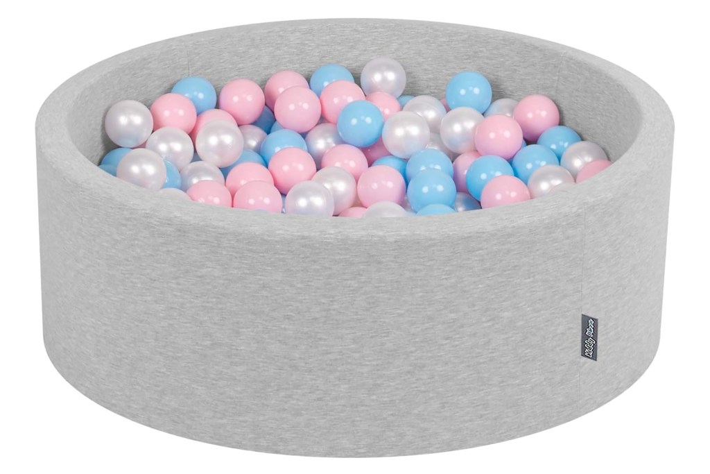 Gray foam ball pit with blue and pink balls