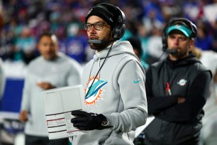 Dolphins head coach Mike McDaniel on the sidelines during a game against the Bills on Dec. 17, 2022.