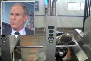 Main image is a woman climbing under a subway turnstile; Inset is Janno Lieber.