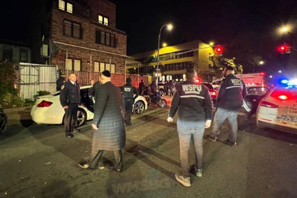 Police at the scene where a mother and daughter dressed in Hasidic clothing were shot with gel pellets in the Bed-Stuy section of Brooklyn in November.