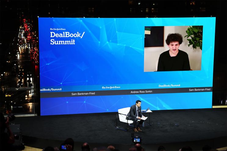 Disgraced FTX founder Sam Bankman-Fried appearing virtually at the New York Times DealBook Summit on November 30, 2022.