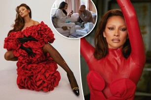 Shay Mitchel in two red looks and a scene from "Something From Tiffanys".