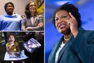 Stacey Abrams, campaign manager Lauren Groh-Wargo and a young supporter of Abrams at a Nov. 5 rally.