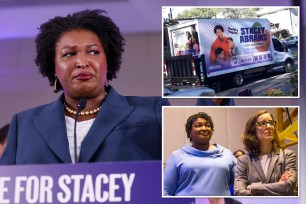 Stacey Abrams, with her campaign manager Lauren Groh-Wargo, and the campaign's "swag truck."