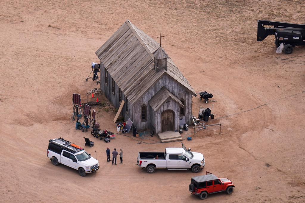 This aerial photo shows the movie set of "Rust" at Bonanza Creek Ranch in Santa Fe, N.M., on Saturday, Oct. 23, 2021.