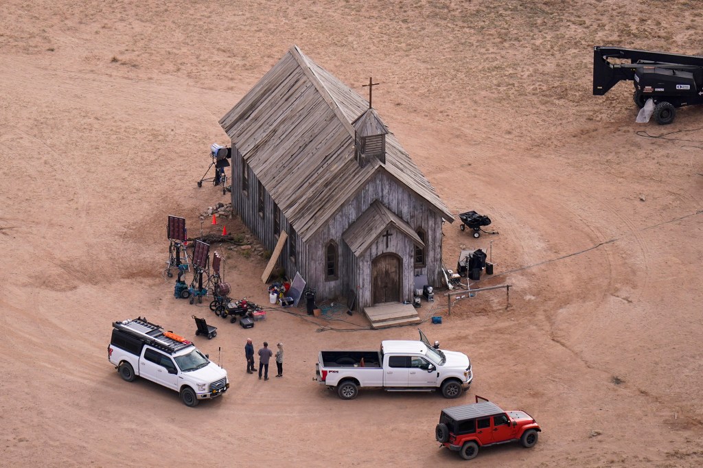 This aerial photo shows the movie set of  "Rust" at Bonanza Creek Ranch in Santa Fe, N.M., on Saturday, Oct. 23, 2021.