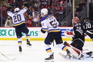 Brandon Saad celebrates after scoring the go-ahead goal in the Devils' 5-3 loss to the Blues.