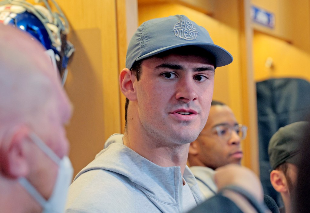 Giants quarterback Daniel Jones speaks to reporters on Jan. 22, 2023.