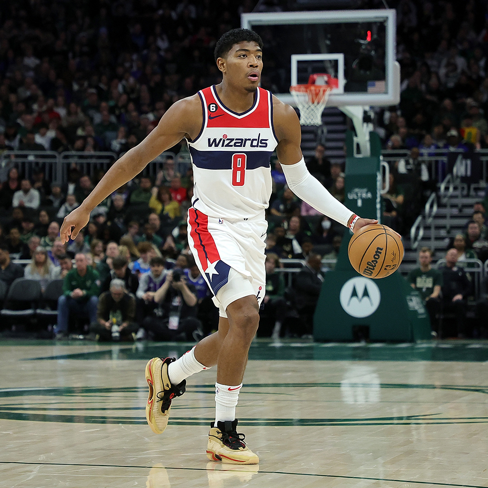 Wizards forward Rui Hachimura handles the ball against the Milwaukee Bucks at Fiserv Forum on January 03, 2023 in Milwaukee, Wisconsin.  