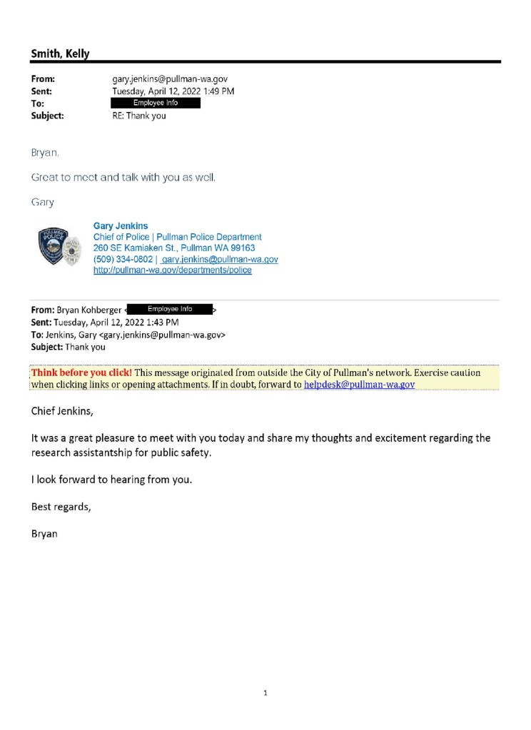 Email written by Kohberger to Pullman's police chief