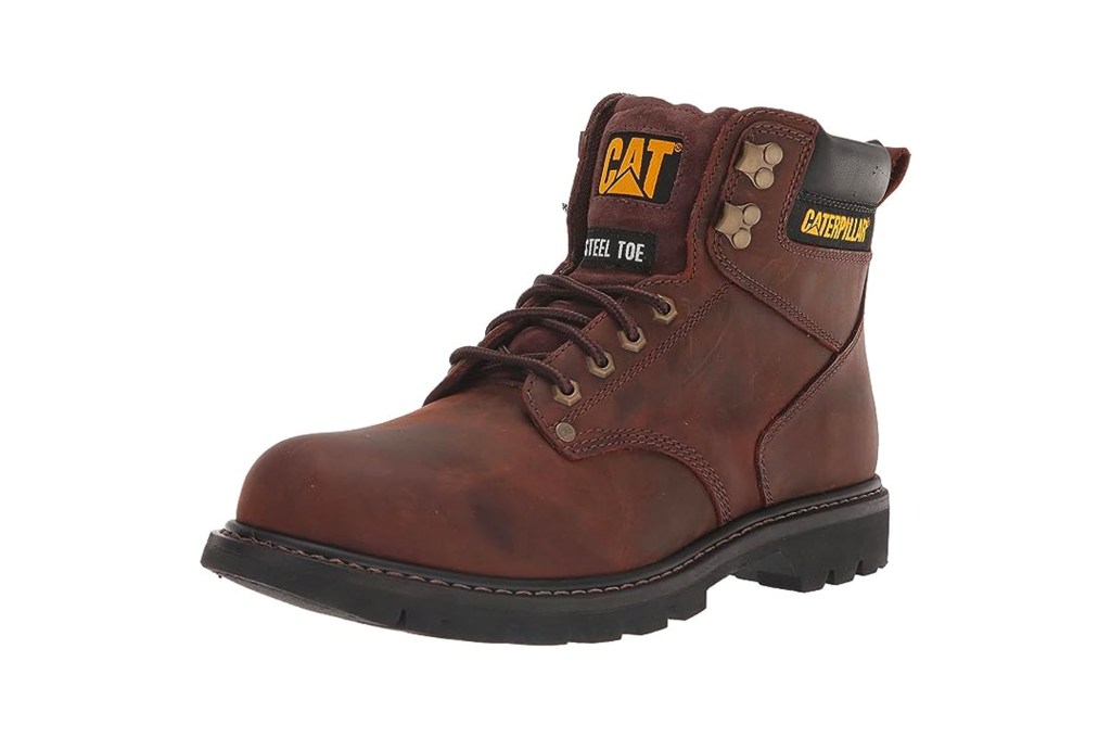 A pair of brown steel toe boots.