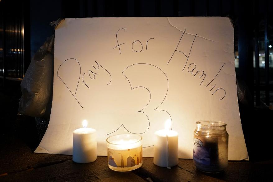 A candlelight vigil is held for Bills safety Damar Hamlin at the University of Cincinnati Medical Center on Jan. 3, 2023.