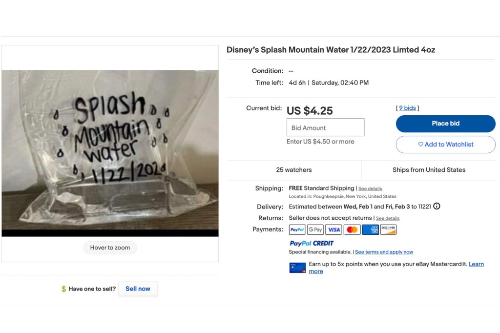 One listing shows a picture of a plastic bag of water that has “Splash Mountain water 1/22/2023.”
