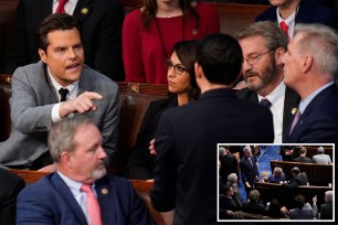 Rep. Matt Gaetz, R-Fla., talks to Rep. Kevin McCarthy, R-Calif., after Gaetz voted "present" in the House chamber as the House meets for the fourth day to elect a speaker and convene the 118th Congress in Washington, Friday, Jan. 6, 2023. (AP Photo/Alex Brandon)