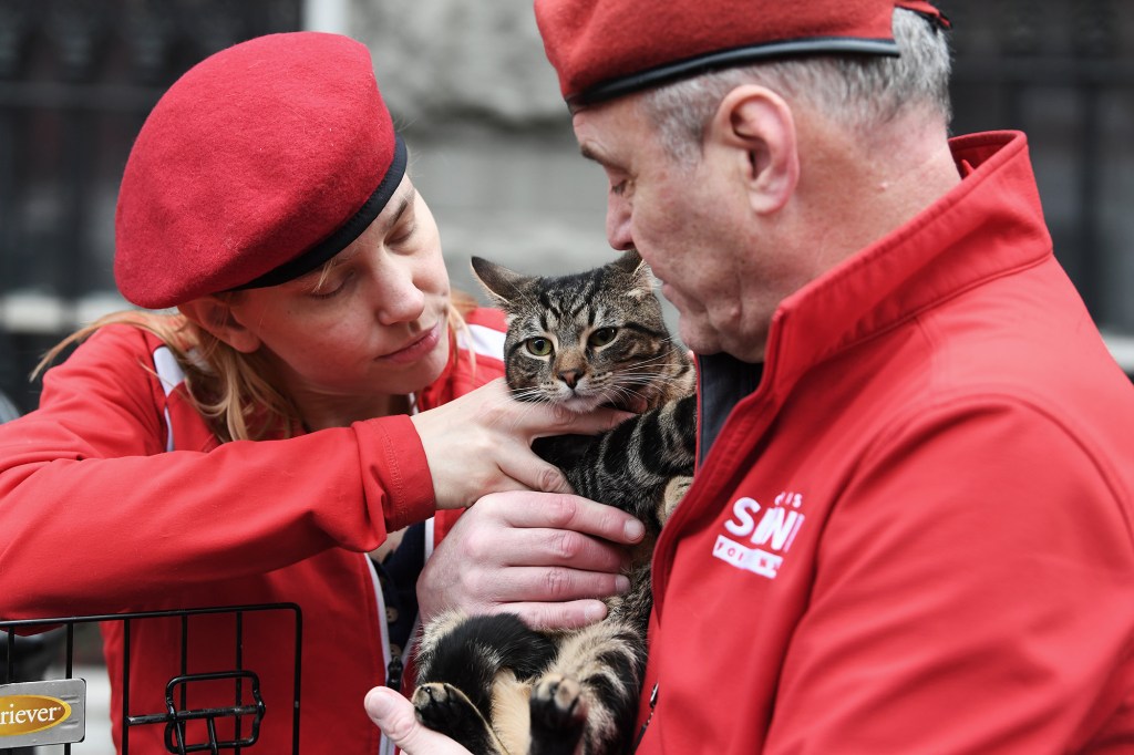 Curtis and Nancy Sliwa, of the Guardian Angels, hold a cat