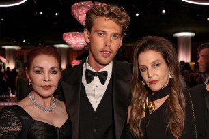 Priscilla Presley, Austin Butler and Lisa Marie Presley attend the 2023 Golden Globe Awards on Tuesday.