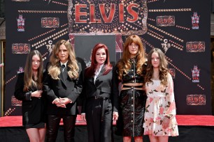 HOLLYWOOD, CALIFORNIA - JUNE 21: (L-R) Harper Vivienne Ann Lockwood, Lisa Marie Presley, Priscilla Presley, Riley Keough, and Finley Aaron Love Lockwood attend the Handprint Ceremony honoring Three Generations of Presley's at TCL Chinese Theatre on June 21, 2022 in Hollywood, California. (Photo by Axelle/Bauer-Griffin/FilmMagic)