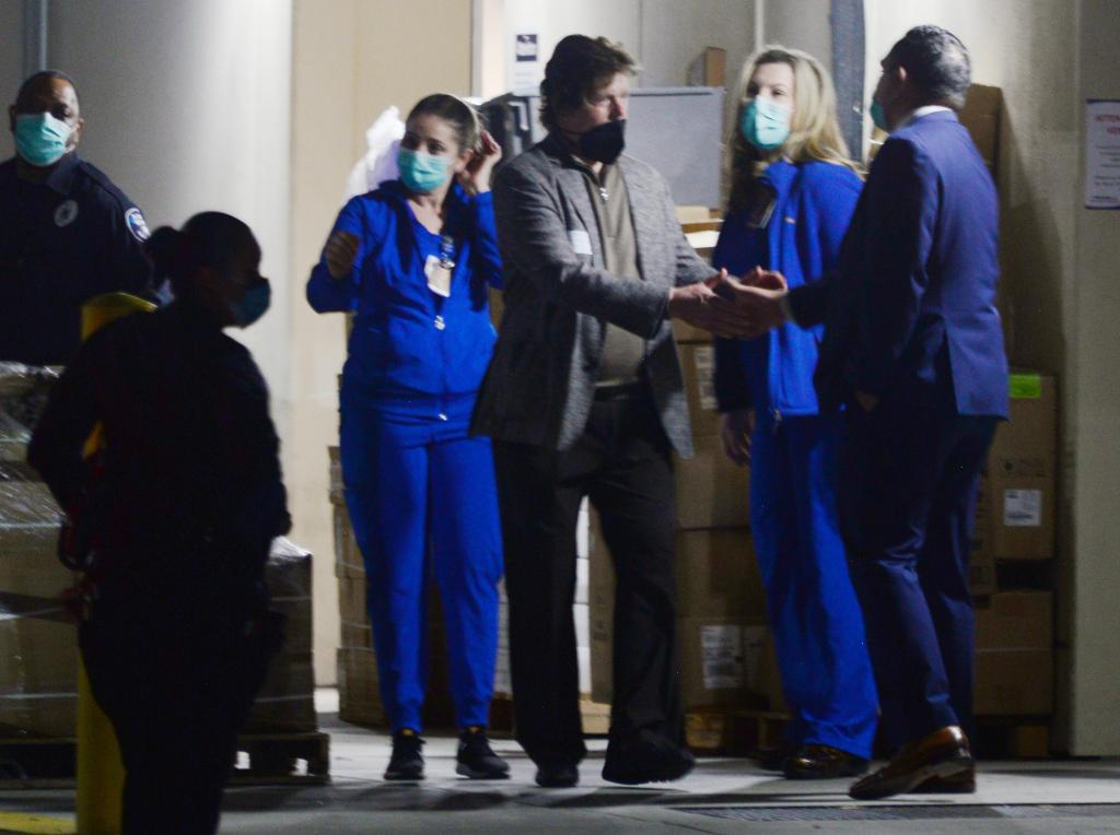 Jerry Schilling, manager of Lisa Marie Presley thanks hospital staff as he and Priscilla Presley leave the West Hills Medical Center Emergency room in West Hills.