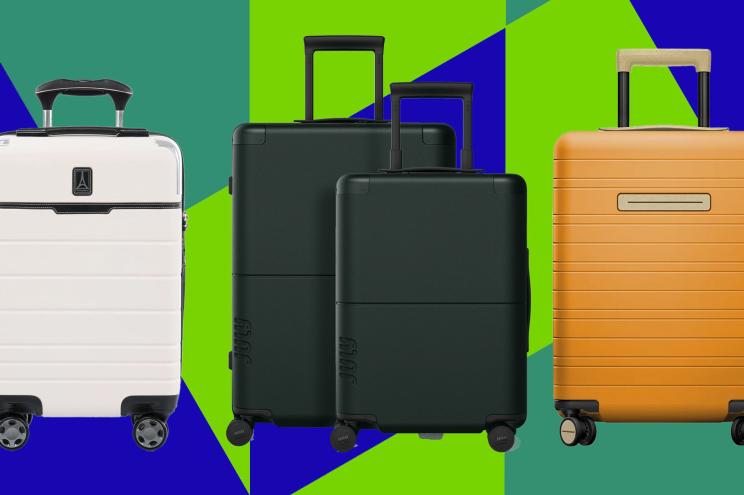 a group of luggage on a colorful background