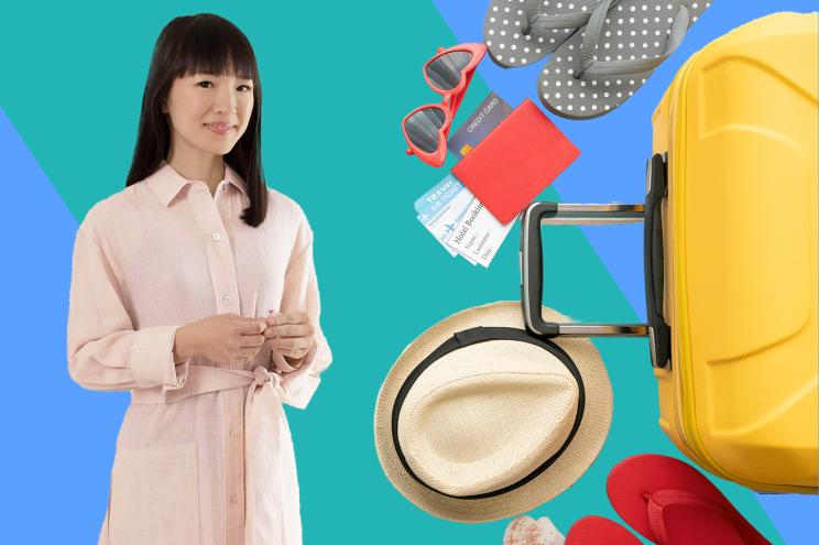 Marie Kondo and luggage on a blue background