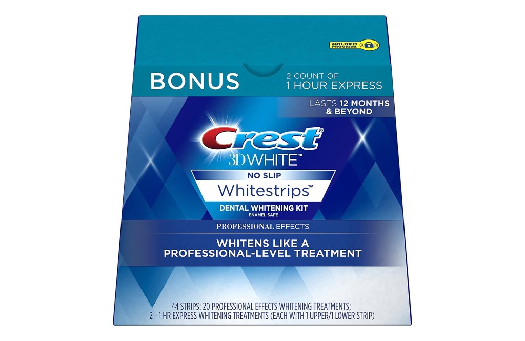 Blue box of teeth whitening strips.