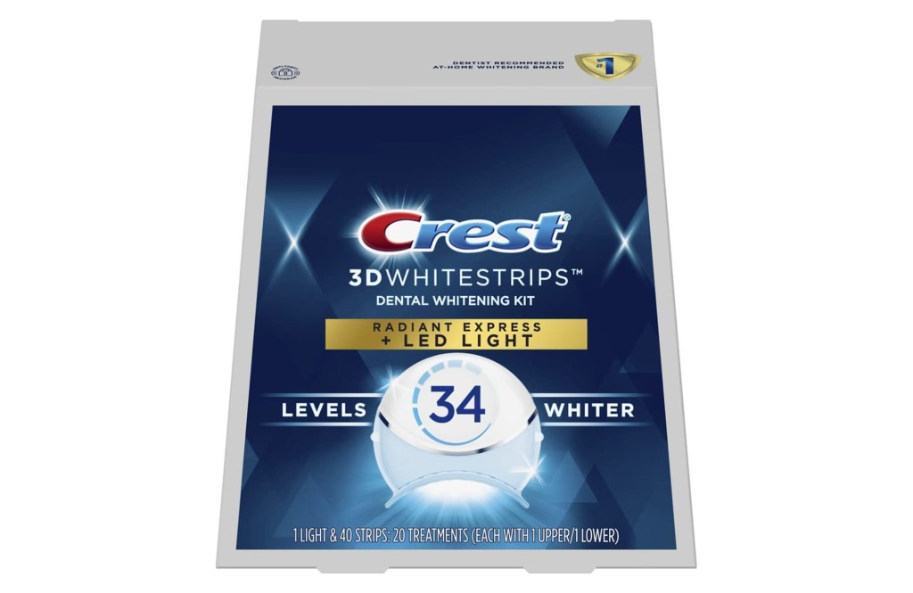 Blue box of teeth whitening strips. 